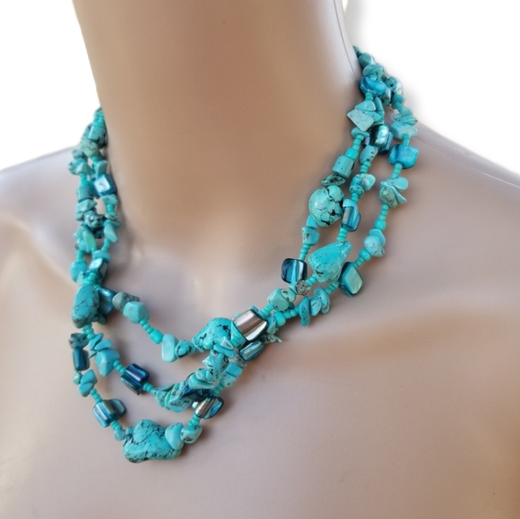 CAROL DAUPLAISE NWT TURQUOISE CHIP & ABALONE SHELL LAYERED NECKLACE - Picture 2 of 5